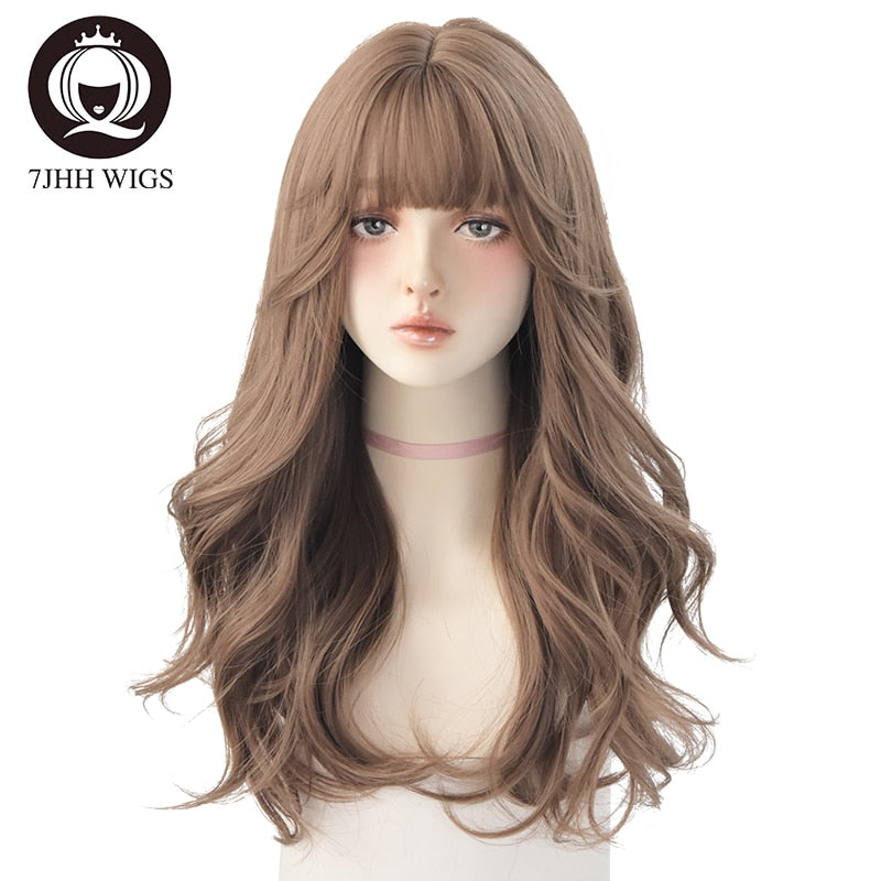 Long Wavy Synthetic Black Wigs For Women With Fringe Fashion Heat Resistant