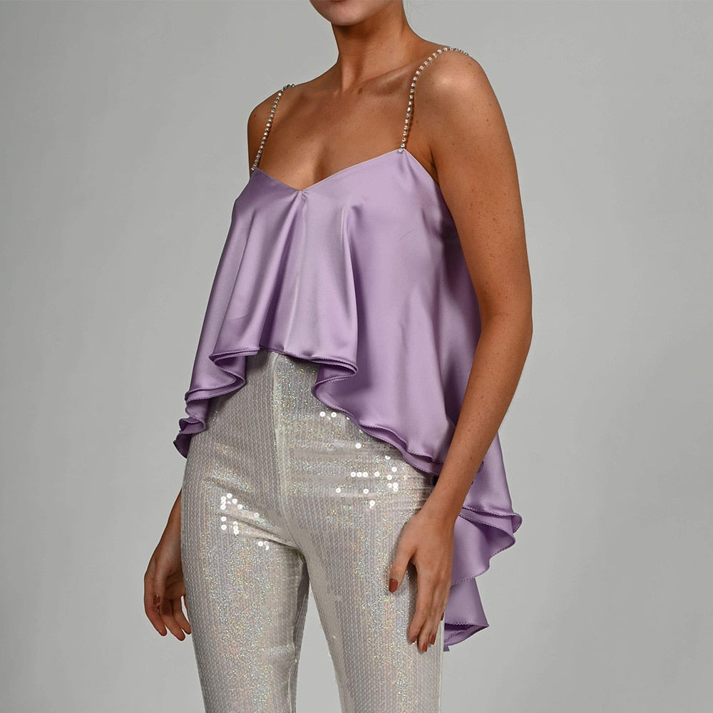 JillPeri Diamante Double Layered Stretchy Draped Satin Ruffle Irregular Crop Top