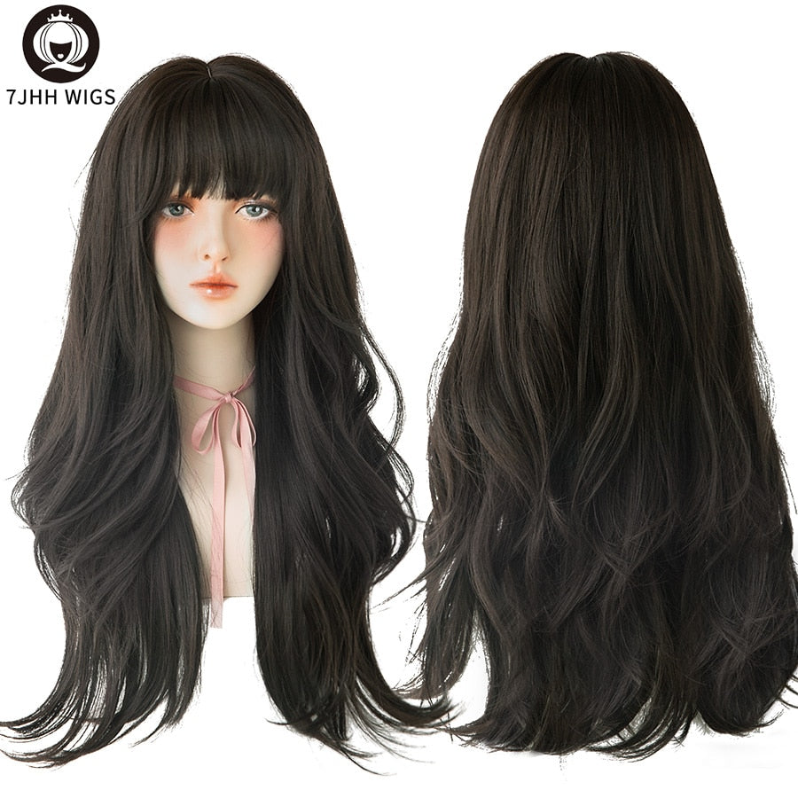 Long Wavy Synthetic Black Wigs For Women With Fringe Fashion Heat Resistant