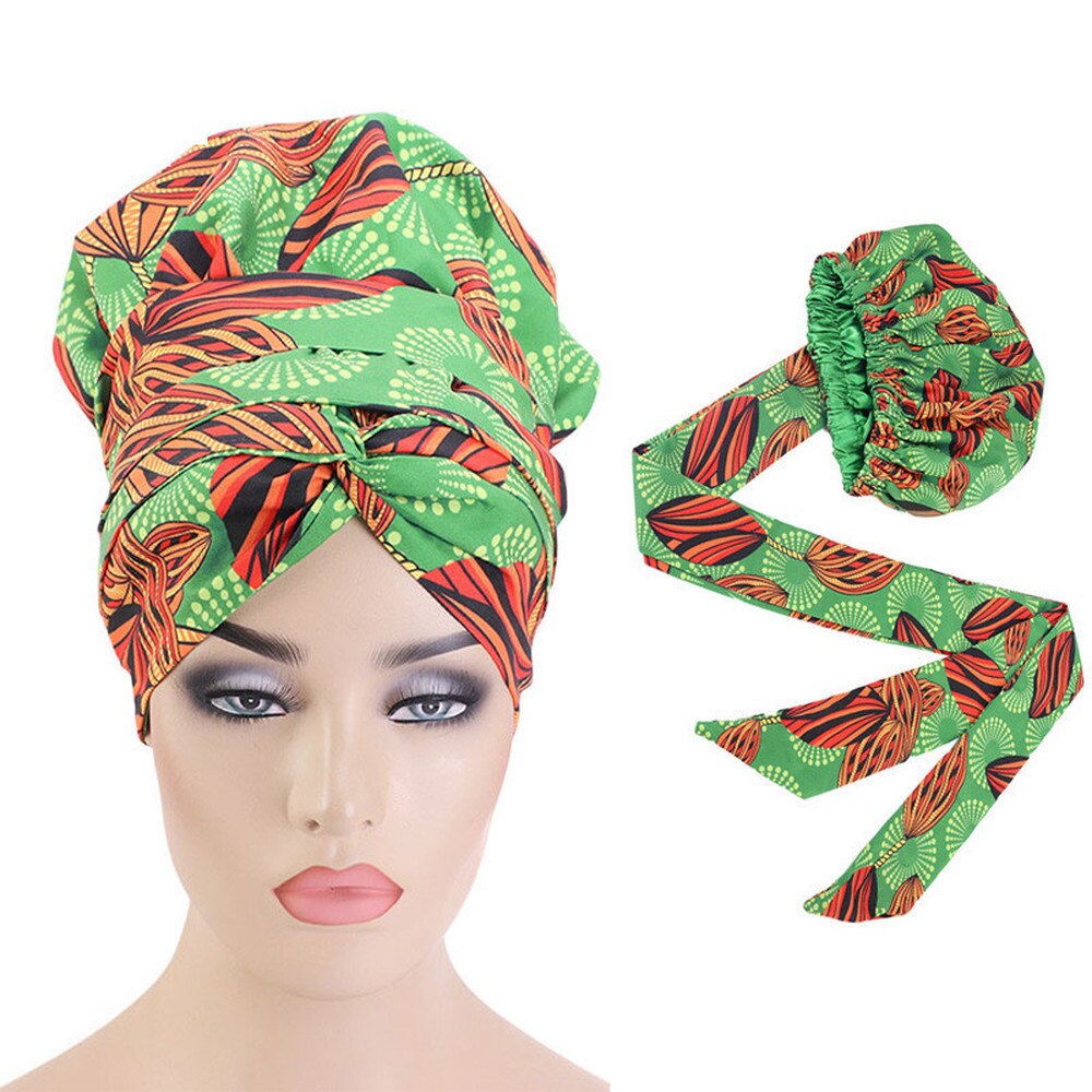 Helisopus Ladies African Print Satin Bonnet with Long Ribbon