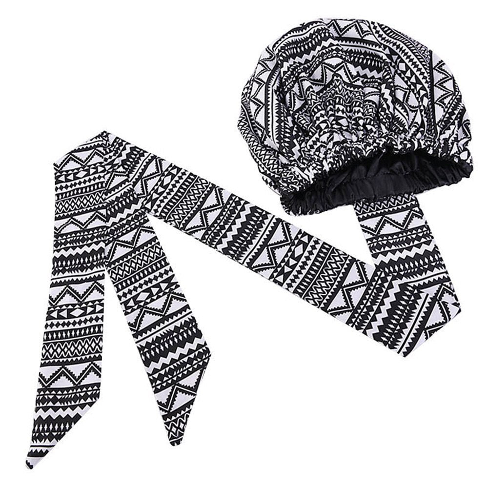 Helisopus Ladies African Print Satin Bonnet with Long Ribbon