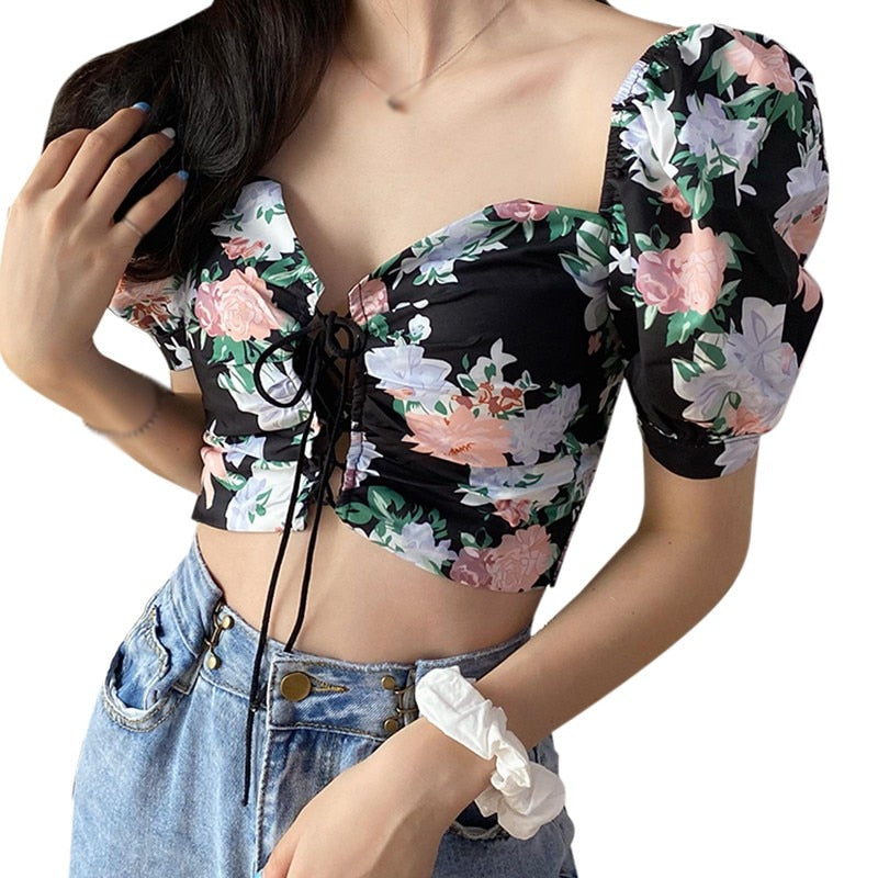 Floral Print  Drawstring Blouses Shirt Women Short Sleeve French Vintage