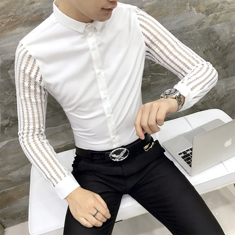 Men Lace Perspective Shirt Hollow Long Sleeve Tuxedo Shirt Trend Slim