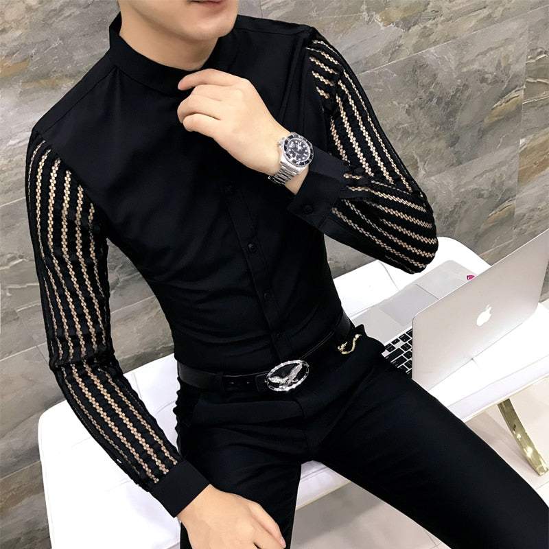 Men Lace Perspective Shirt Hollow Long Sleeve Tuxedo Shirt Trend Slim