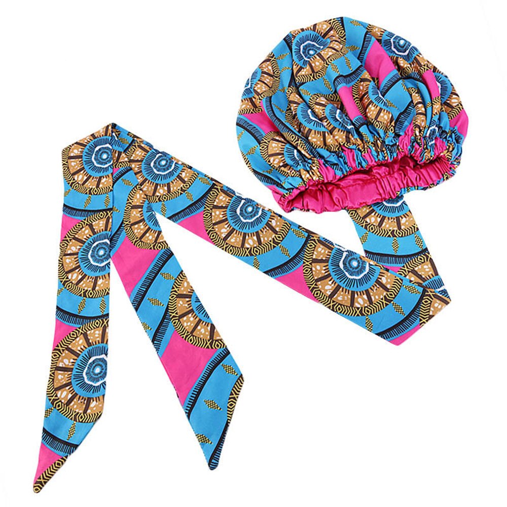 Helisopus Ladies African Print Satin Bonnet with Long Ribbon