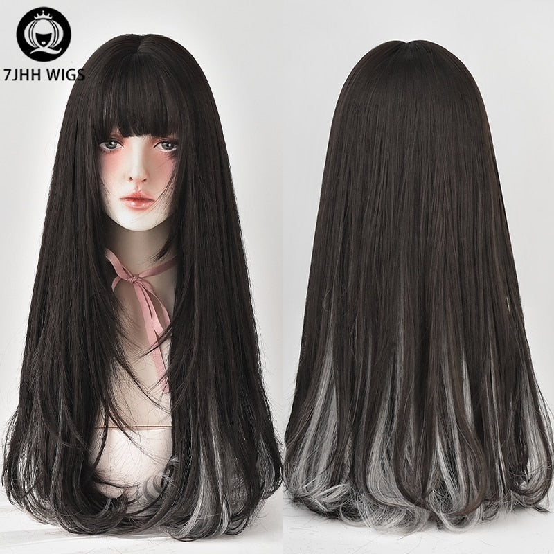 Long Wavy Synthetic Black Wigs For Women With Fringe Fashion Heat Resistant