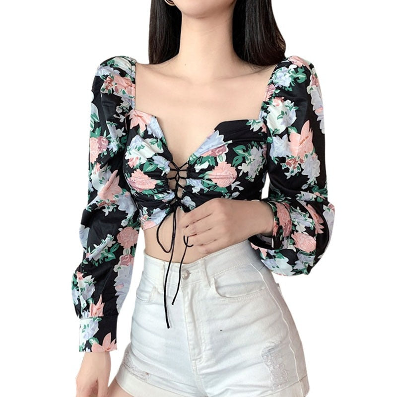 Floral Print  Drawstring Blouses Shirt Women Short Sleeve French Vintage