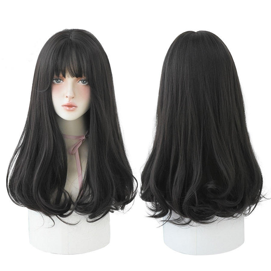 Long Wavy Synthetic Black Wigs For Women With Fringe Fashion Heat Resistant