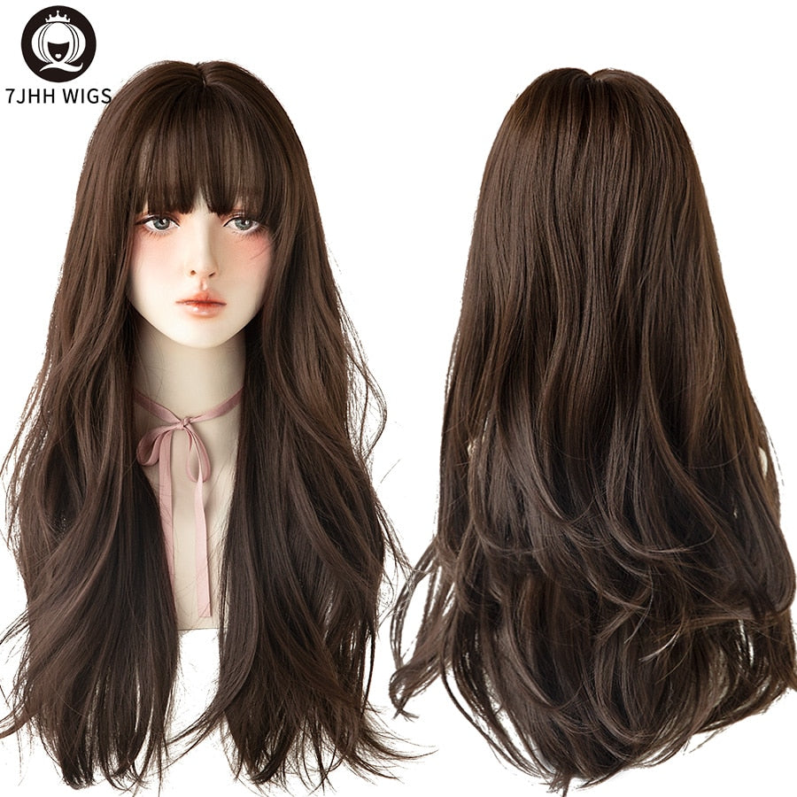 Long Wavy Synthetic Black Wigs For Women With Fringe Fashion Heat Resistant