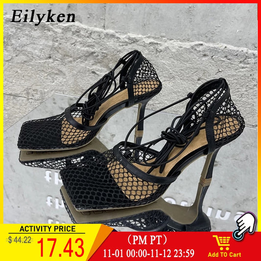 Eilyken Sexy Hollow Out Mesh Women Pumps Lace-Up Sandals  Square Toe High Heel