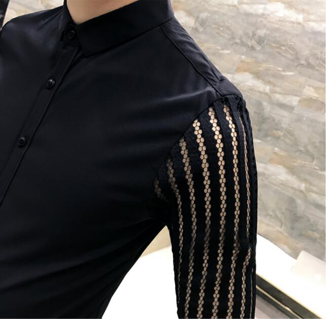 Men Lace Perspective Shirt Hollow Long Sleeve Tuxedo Shirt Trend Slim