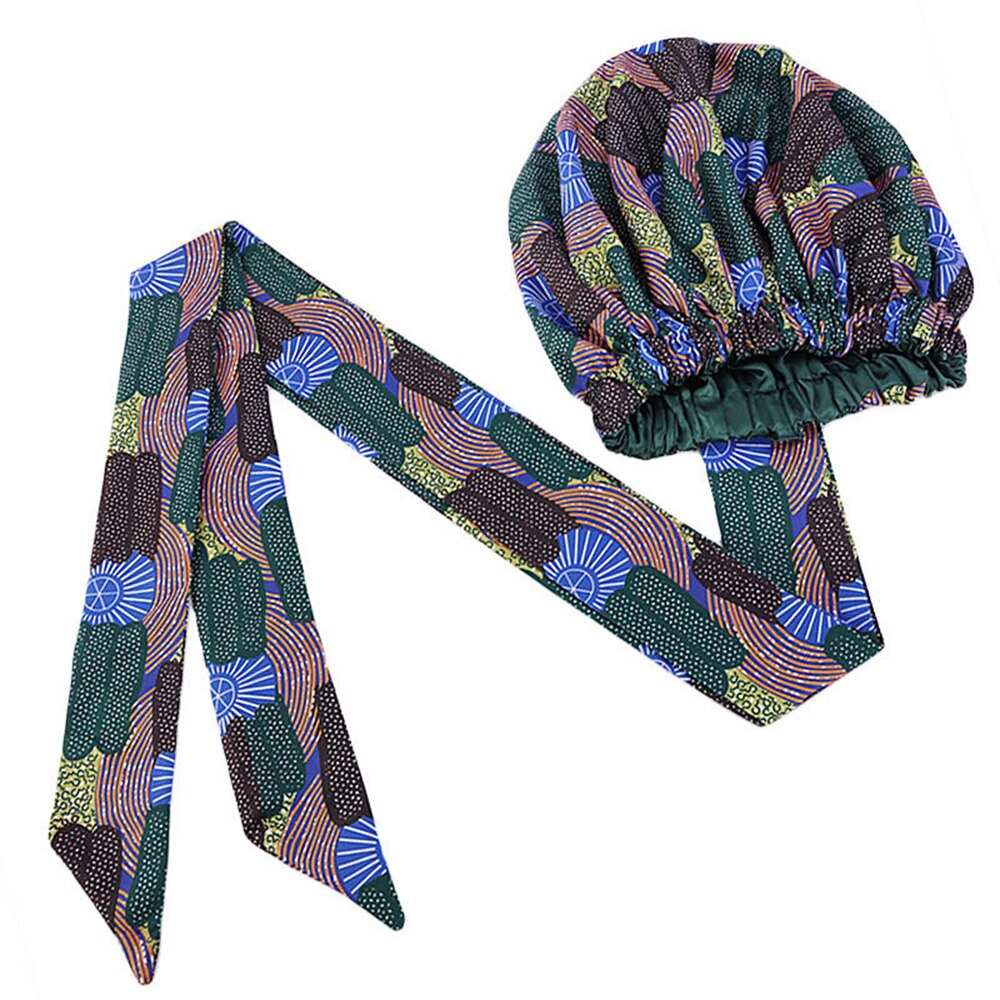 Helisopus Ladies African Print Satin Bonnet with Long Ribbon