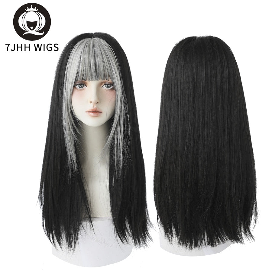 Long Wavy Synthetic Black Wigs For Women With Fringe Fashion Heat Resistant