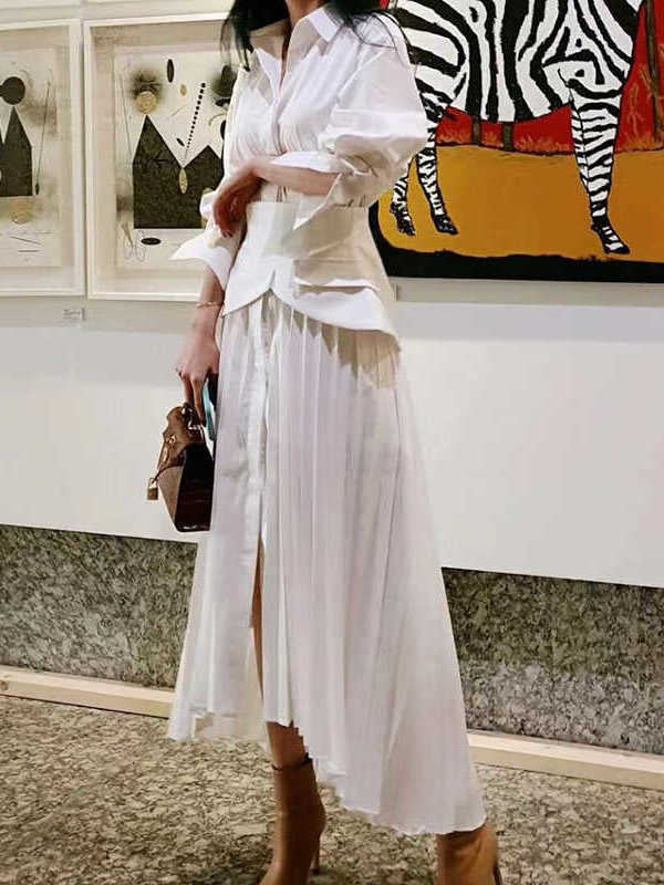 TWOTWINSTYLE Elegant Pleated Lapel Long Sleeve High Waist Maxi Dress