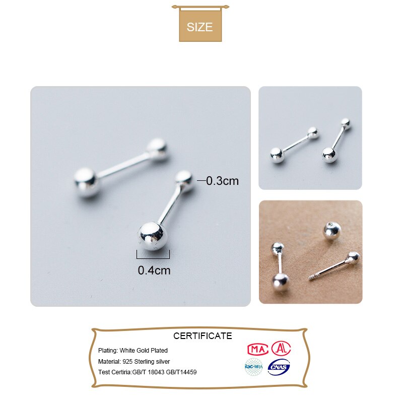 Real 925 Sterling Silver Beads Screw Stud Earrings