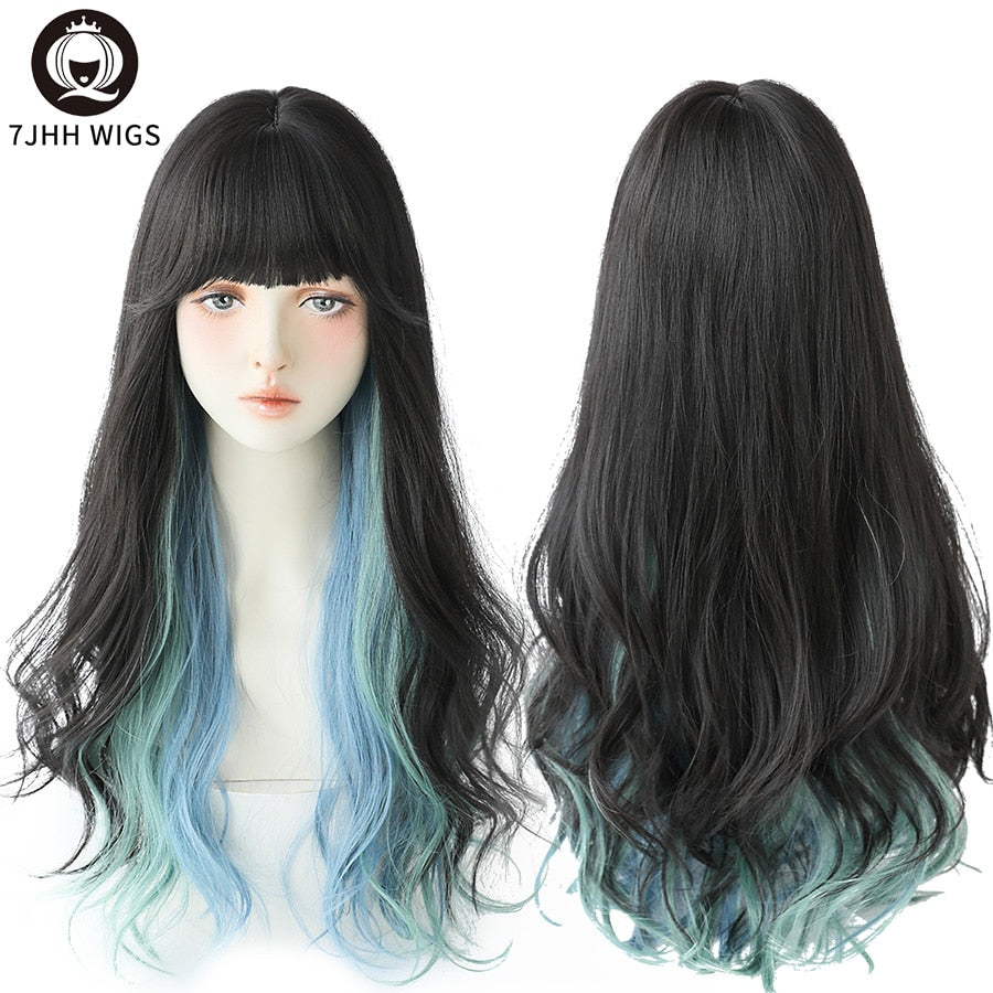 Long Wavy Synthetic Black Wigs For Women With Fringe Fashion Heat Resistant