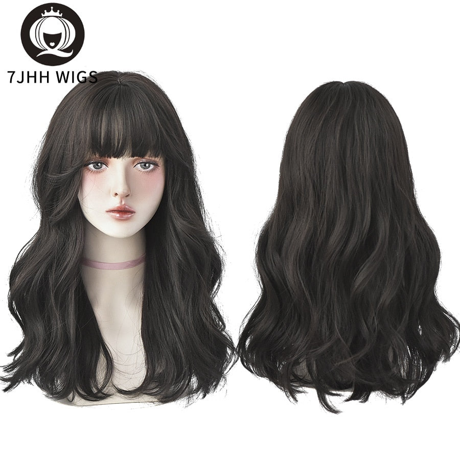 Long Wavy Synthetic Black Wigs For Women With Fringe Fashion Heat Resistant