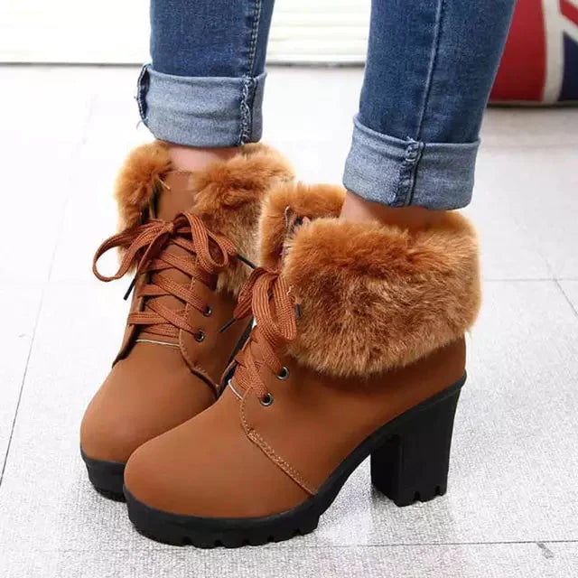 High quality, high heel women's winter boots. New fashion with plush ankle. Lace up.