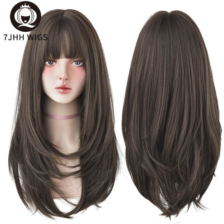 Long Wavy Synthetic Black Wigs For Women With Fringe Fashion Heat Resistant