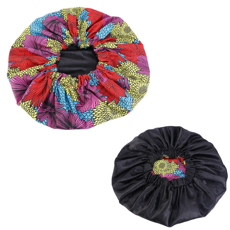 Helisopus Ladies African Print Satin Bonnet with Long Ribbon