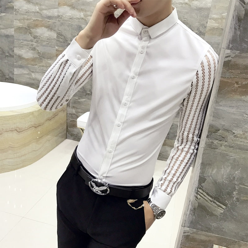 Men Lace Perspective Shirt Hollow Long Sleeve Tuxedo Shirt Trend Slim