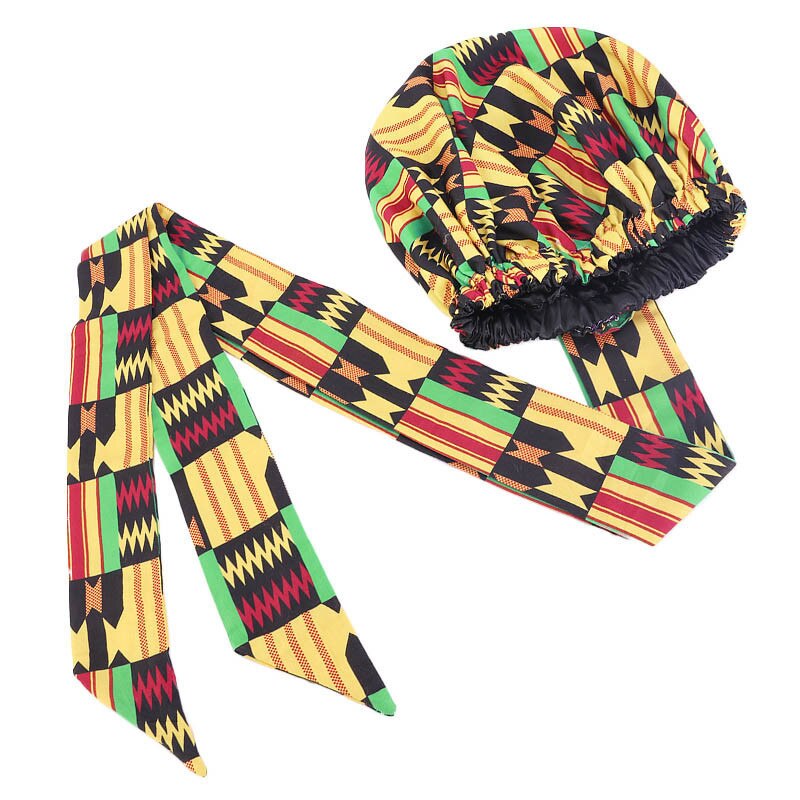 Helisopus Ladies African Print Satin Bonnet with Long Ribbon