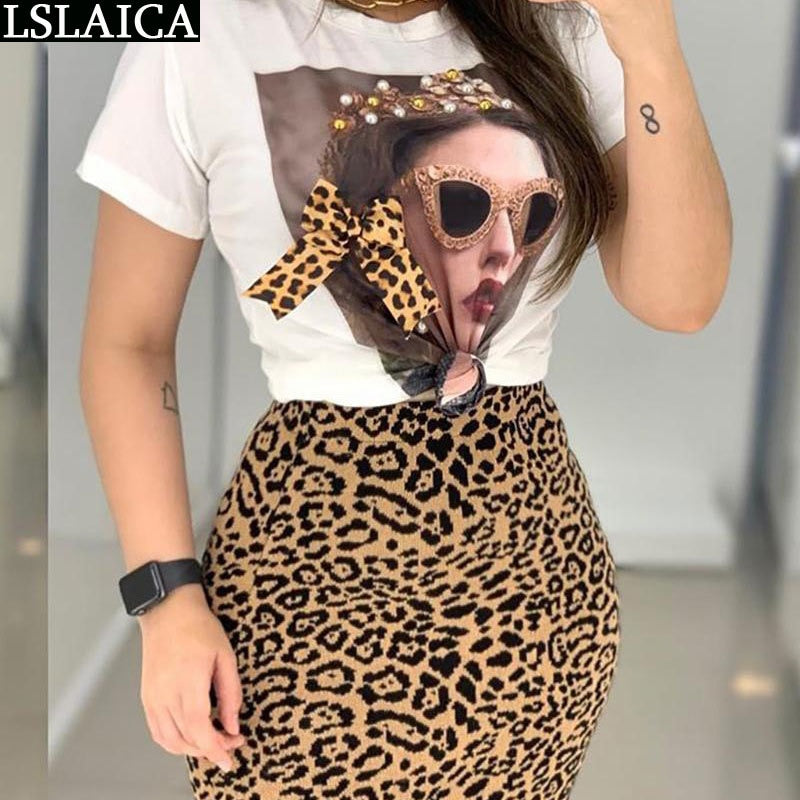 Skirt Set Fashion Leopard Print Office Women Set Elegance Skinny Ropa Femenina