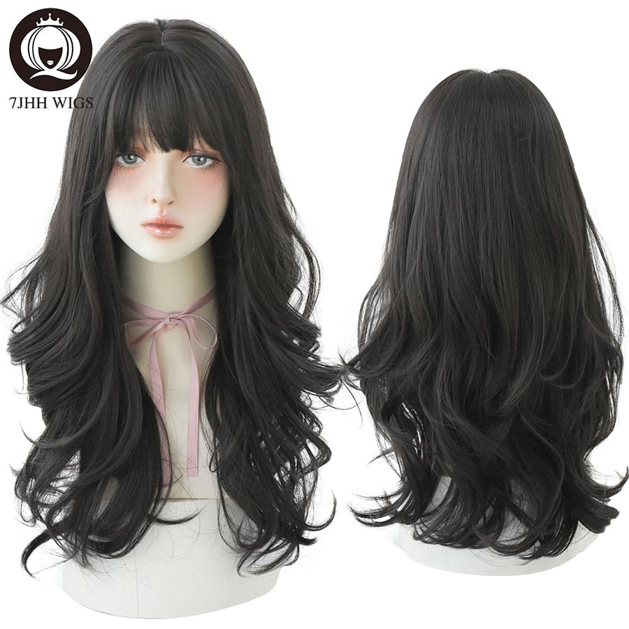 Long Wavy Synthetic Black Wigs For Women With Fringe Fashion Heat Resistant