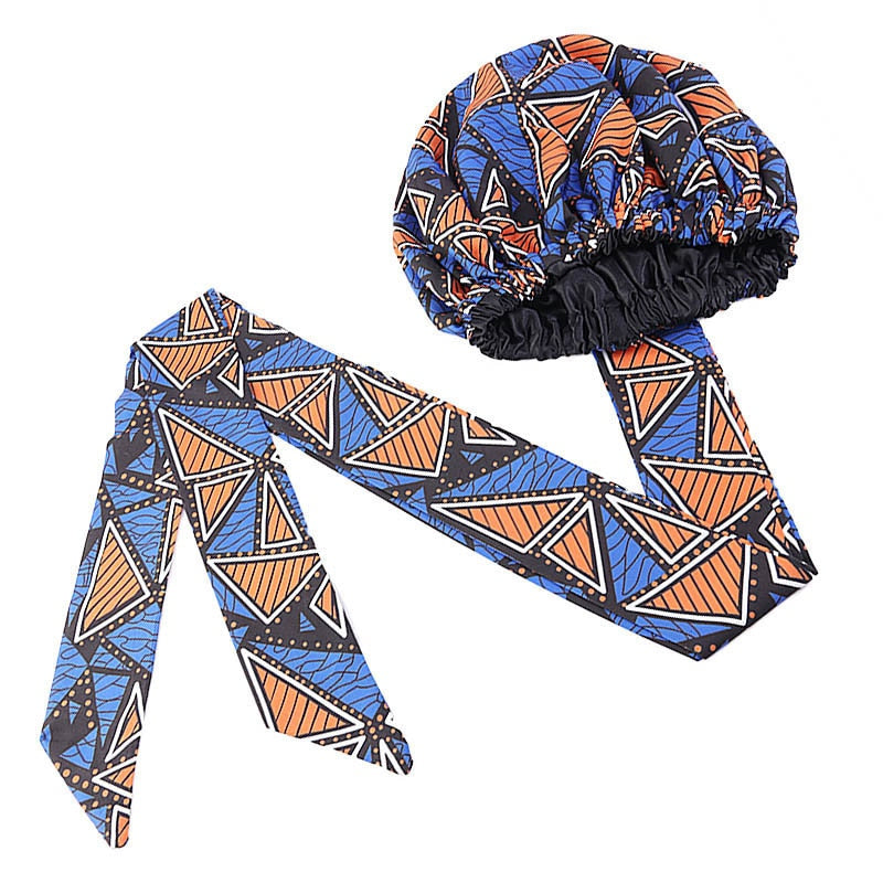 Helisopus Ladies African Print Satin Bonnet with Long Ribbon