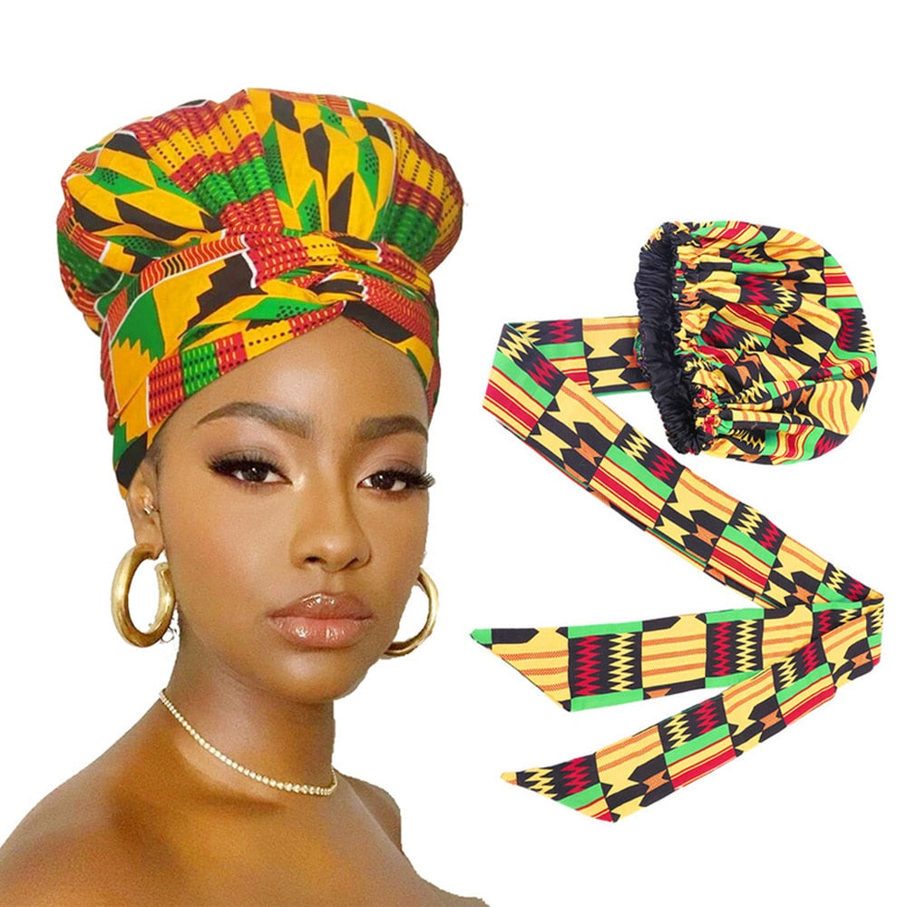 Helisopus Ladies African Print Satin Bonnet with Long Ribbon