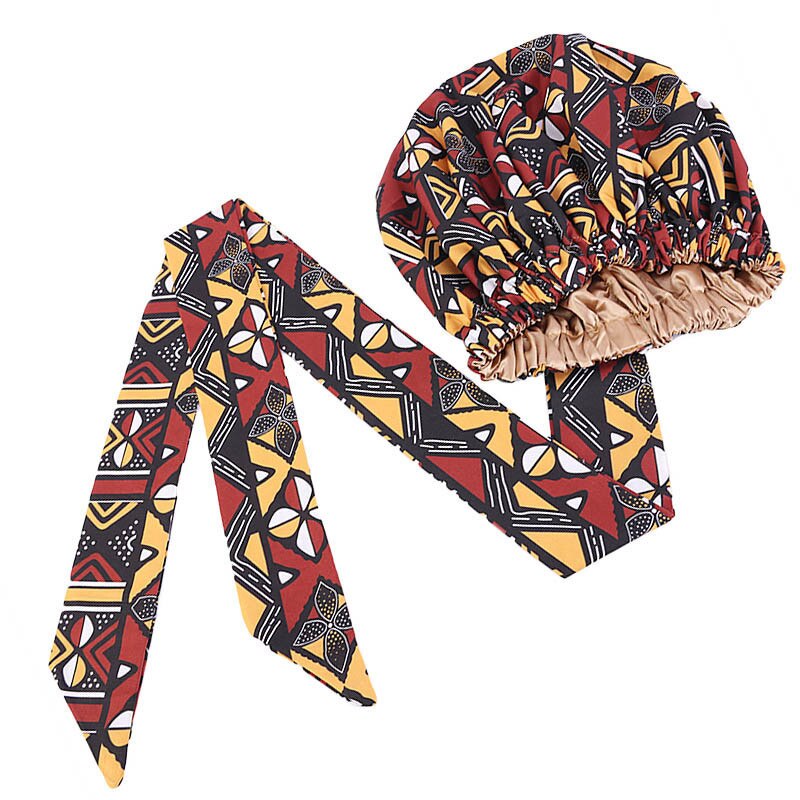 Helisopus Ladies African Print Satin Bonnet with Long Ribbon