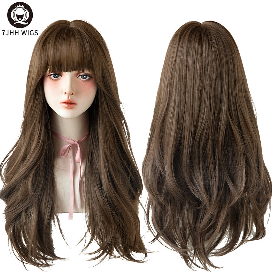 Long Wavy Synthetic Black Wigs For Women With Fringe Fashion Heat Resistant