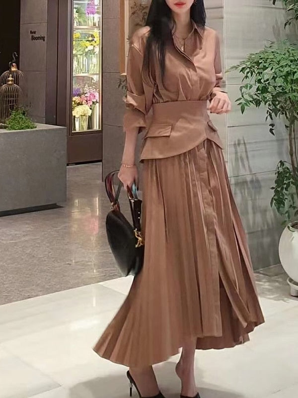 TWOTWINSTYLE Elegant Pleated Lapel Long Sleeve High Waist Maxi Dress