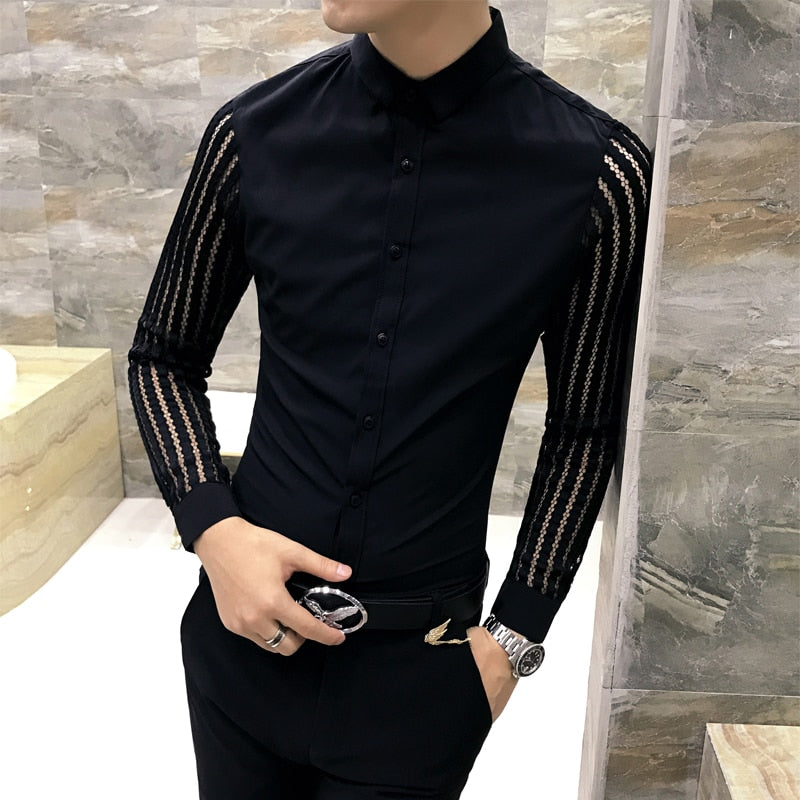 Men Lace Perspective Shirt Hollow Long Sleeve Tuxedo Shirt Trend Slim