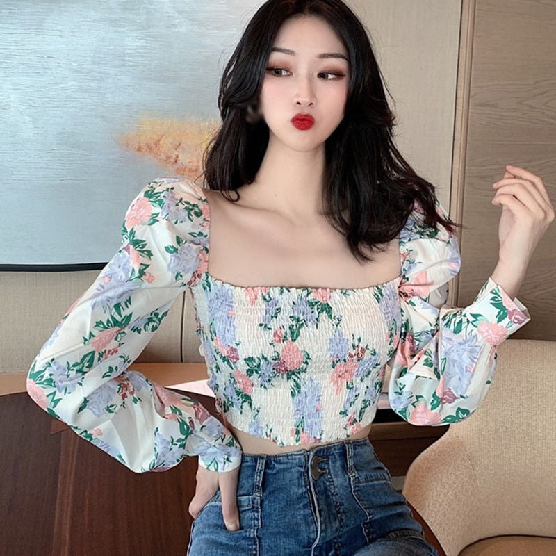 Floral Print  Drawstring Blouses Shirt Women Short Sleeve French Vintage