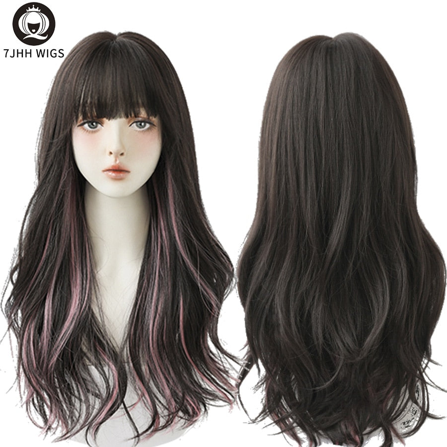 Long Wavy Synthetic Black Wigs For Women With Fringe Fashion Heat Resistant