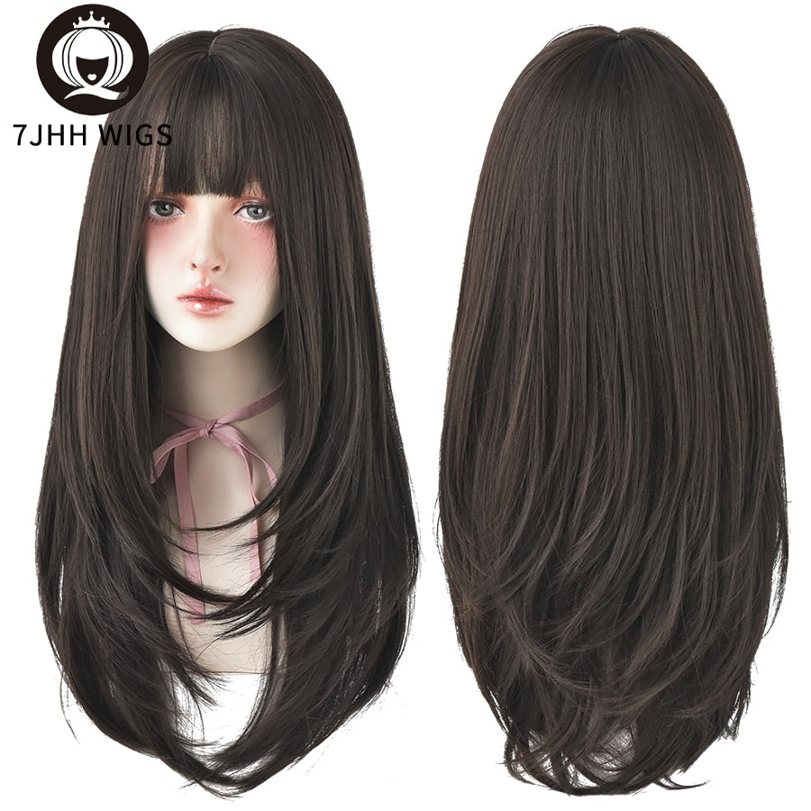 Long Wavy Synthetic Black Wigs For Women With Fringe Fashion Heat Resistant